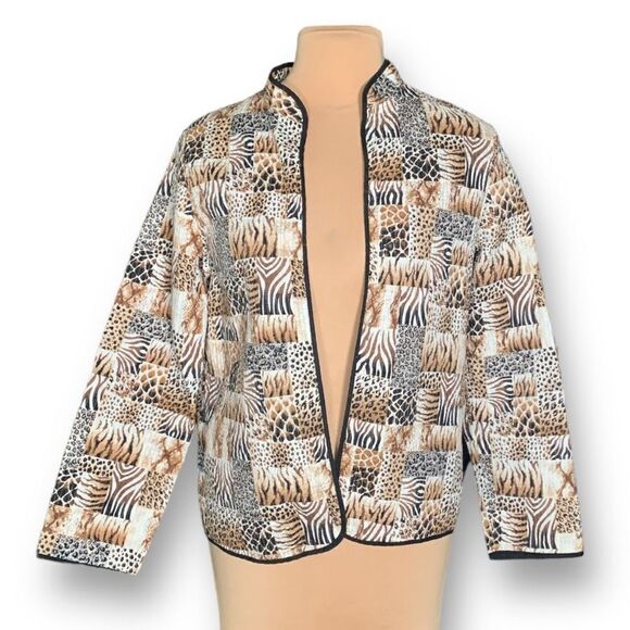 Vintage 90s Collarless Blazer Jacket Ecru Patchwork Quilted Zebra Animal Print - Picture 1 of 9